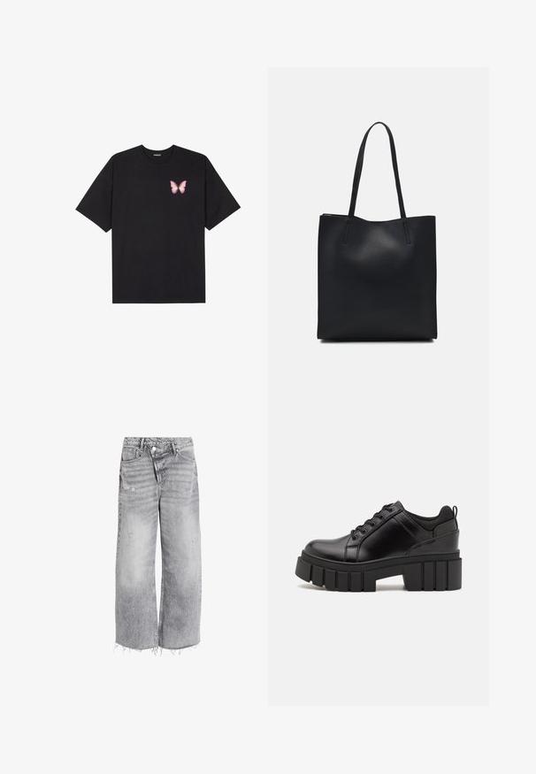 Musta puuvillapaita lyhyillä hihoilla, jossa on pieni vaaleanpunainen perhosgrafiikka vasemmassa rinnassa. Pyöreä kaula-aukko ja rento istuvuus.; Vaaleanharmaat korkeavyötäröiset leveälahkeiset farkut, joissa on kulutetut yksityiskohdat ja raaka helma. Kaksi etutaskua ja nappisulku.; Mustat nahkakengät, joissa on lättihenkinen korko, pyöreä kärki ja perinteinen nauhakiinnitys. Ominaisuuksiin kuuluu sileä pintakuvio ja minimaalinen yksityiskohtaisuus.; Mustapahkainen kangaskassi, jossa on sileä pinta, suorakaiteen muotoinen ja kaksi pitkää kahvaa. Ei näkyvää metalliosaa tai koristeita.