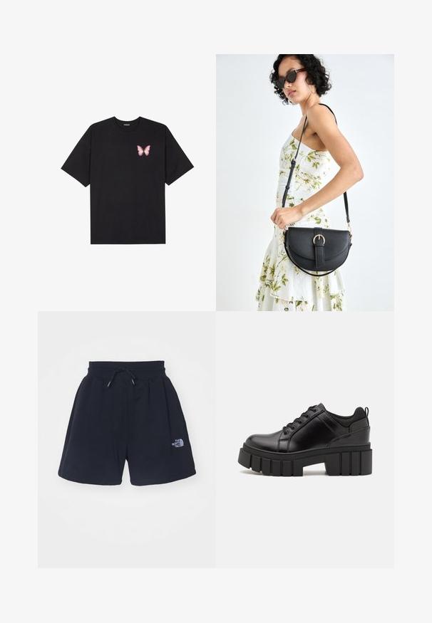 Black cotton t-shirt with short sleeves, featuring a small pink butterfly graphic on the left chest. Crew neck design with a relaxed fit.; Short black shorts made of soft fabric, featuring an elastic waistband with drawstring, and a small logo printed on the side.; Black leather platform shoes with a chunky block heel, round toe, and traditional lace-up design. Features smooth texture and minimal detailing.; Black leather handbag with a curved shape, detachable strap, and gold hardware. The bag features a flap with a buckle detail.