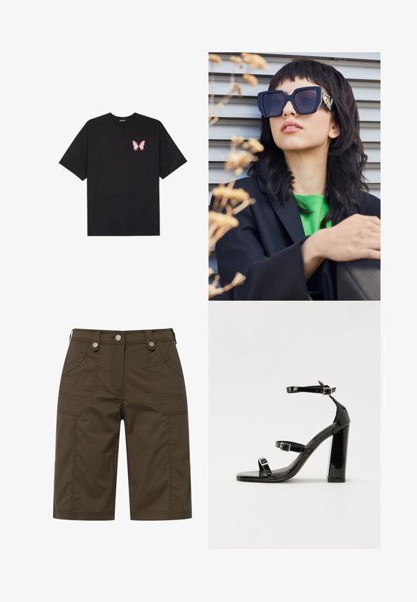 Musta puuvillapaita lyhyillä hihoilla, jossa on pieni vaaleanpunainen perhosgrafiikka vasemmassa rinnassa. Pyöreä kaula-aukko ja rento istuvuus.; Ruskeat kangashousut, joissa on kaksi etutaskua ja kaksi takataskua, korostettuna hopeisilla yksityiskohdilla vyötäröllä. Suora leikkaus.; Musta kiiltävä korkokenkä sandaalit neliönmuotoisella varpaalla, nilkkaremmillä ja hopeisilla soljilla. Varustettu tukevalla lohkokorkealla vakauden takaamiseksi.; Yli suuri musta aurinkolasit paksulla kehällä ja kultaisella korostuksella, käytetty mustan bleiserin ja kirkkaan vihreän paidan kanssa vaakasuoraa taustaa vasten.; Musta nahkainen käsilaukku, joka on kaareva muotoilultaan, irrotettavalla hihnalla ja kultaisilla yksityiskohdilla. Laukussa on läppä, jossa on solk yksityiskohta.