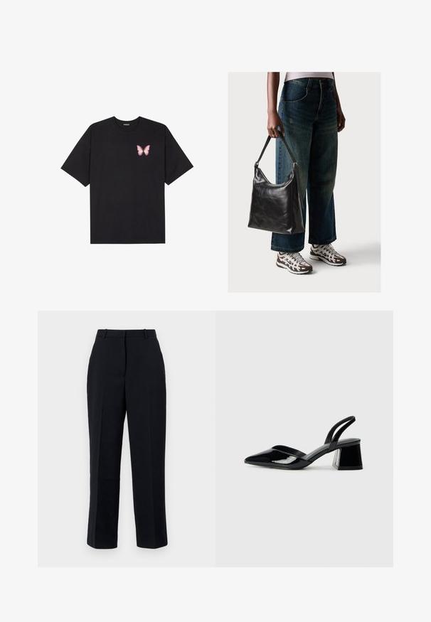 T-shirt de algodão preto com mangas curtas, apresentando um pequeno gráfico de borboleta rosa no lado esquerdo do peito. Design de gola redonda com um corte solto.; Calças pretas de corte reto, apresentando um tecido liso, detalhe de pregas, passadores para cinto e bolsos laterais. Adequadas para vestuário formal.; Sandy em verniz preto com salto slingback, ponta afilada e salto geométrico. Apresenta um design elegante e minimalista com textura suave.; Bolsa de ombro em couro preto com textura suave e alça ajustável, combinada com jeans de perna larga desbotados e ténis desportivos.
