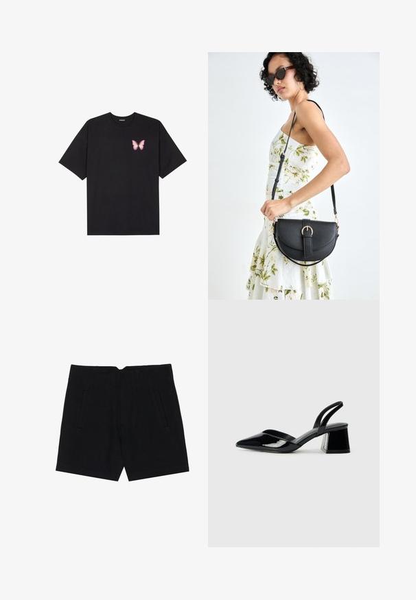 Melna kokvilnas T-krekls ar īsām piedurknēm, kuram priekšā kreisajā pusē ir neliels rozā tauriņa grafiskais attēls. Ar apaļu kaklu un brīvā stila piegriezumu.; Melnas šortas, kas izgatavoti no gludas auduma, ar sānu kabatām, pielāgotu piegriezumu un strukturētām kroku priekšā, nodrošinot tīru siluetu.; Melna lakota āda ar atvērto papēdi, ar smailu purngalu un ģeometrisku blokpapēdi. Iezīmējas elegants, minimāls dizains un gluda tekstūra.; Melnas ādas rokassoma ar izliekta formu, noņemamu siksnu un zelta aksesuāriem. Somai ir vāciņš ar sprādzes detaļu.