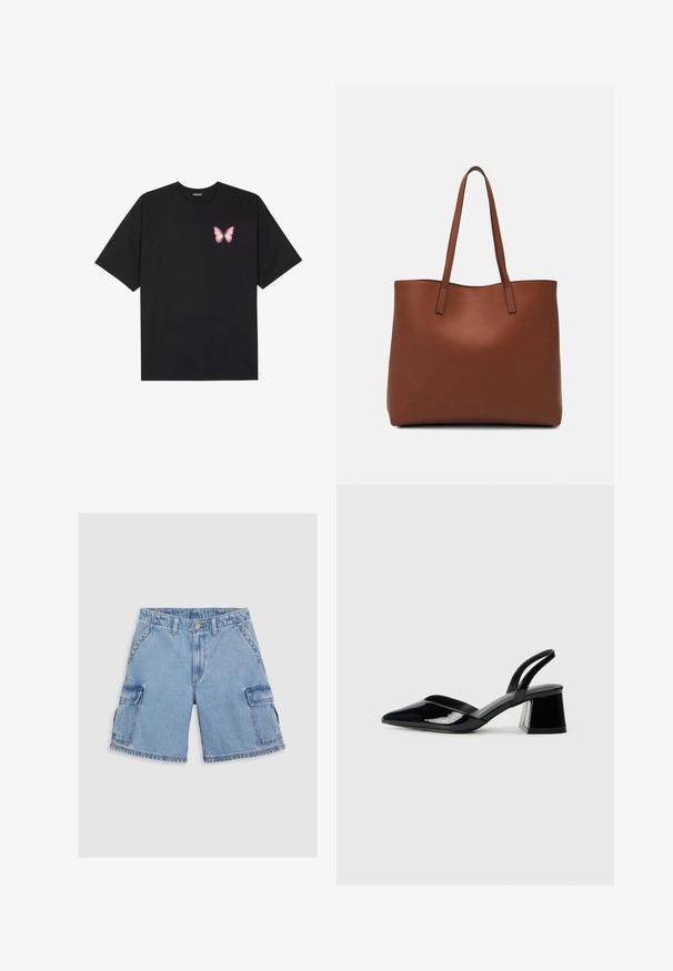 Fekete pamut póló rövid ujjakkal, bal mellkason egy kis rózsaszín pillangó grafikával. Kerek nyakú kialakítás, laza fazonnal.; Világoskék farmer cargo sort, két nagy oldalzsebbe, kontrasztos varrással, gombos záródással és rojtos szegéllyel.; Fekete lakk bőr szandálkés magas sarkú cipő, hegyes orral és geometrikus tömbsarkakkal. Karcsú, minimalista dizájn és sima textúra jellemzi.; Barna bőr vászontáska sima textúrával, nyitott tetejű dizájnnal és két vállpánttal. Minimális varrással és látható hardver nélkül készült.