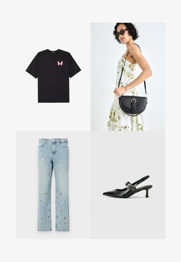 Zwarte katoenen t-shirt met korte mouwen, voorzien van een kleine roze vlinder graphic op de linkerkant van de borst. Crew neck ontwerp met een relaxte fit.; Lichtblauwe denim jeans met wijde pijpen, voorzien van meerdere ronde metalen oogjes verspreid over de stof. Klassiek vijf-pocket ontwerp.; Zwarte gepatineerde leren slingback hakken met een puntige neus en een kleine blokhak, met een zilveren gespaccent op de band.; Zwarte leren handtas met een gebogen vorm, afneembare schouderband en gouden hardware. De tas heeft een klep met een gespsluiting.