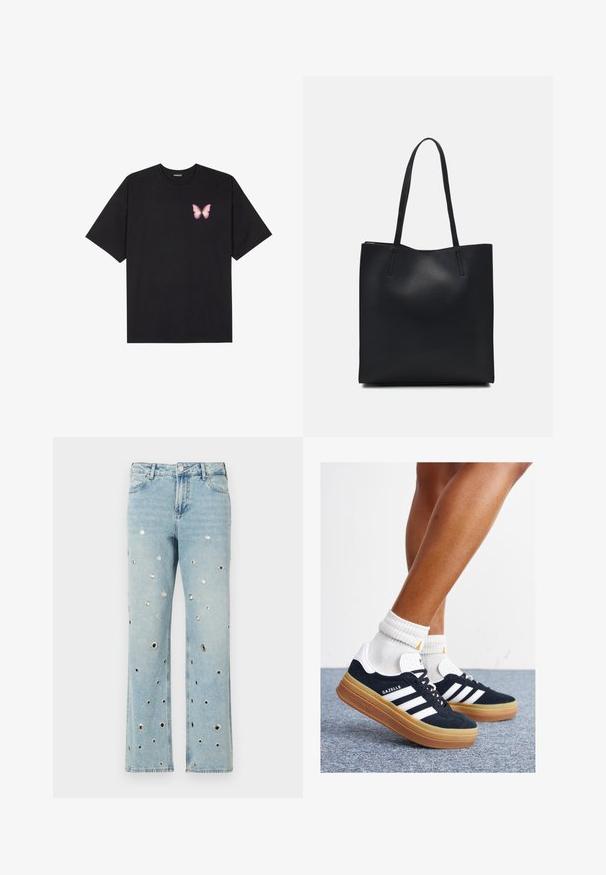 T-shirt nera in cotone con maniche corte, caratterizzata da una piccola grafica di una farfalla rosa sul lato sinistro del petto. Design a girocollo con una vestibilità rilassata.; Jeans di denim azzurro chiaro con gambe larghe, caratterizzati da numerosi occhielli metallici circolari. Design classico a cinque tasche.; Sneakers in pelle scamosciata nera con strisce e dettagli bianchi, punta arrotondata, suola in gomma color gomme, abbinate a calzini bianchi a coste alla caviglia.; Borsa tote in pelle nera con texture liscia, forma rettangolare e due manici lunghi. Nessun hardware o decorazione visibile.