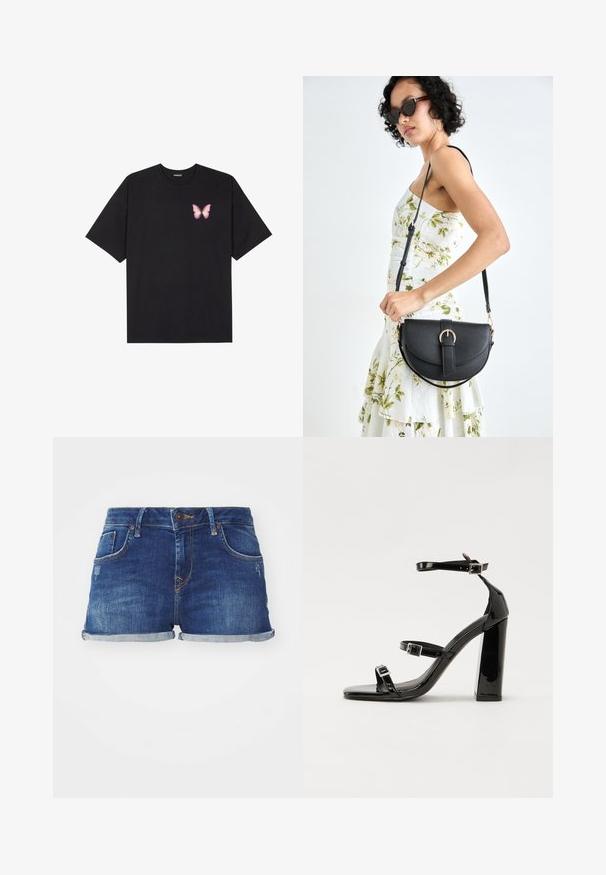 Fekete pamut póló rövid ujjakkal, bal mellkason egy kis rózsaszín pillangó grafikával. Kerek nyakú kialakítás, laza fazonnal.; Sötétkék farmer rövidnadrág, kopott hatással, öt zsebes dizájnnal és felhajtott szárakkal. Kontrasztos varrással és gombbal záródik.; Fekete lakk magas sarkú szandál két csatos pánttal, négyzet alakú orral és tömzsi blokk sarokkal, sima, fényes felülettel.; Fekete bőrtáska ívelt formával, levehető pánttal és arany színű fémrészekkel. A táskán egy csattal díszített fedél található.