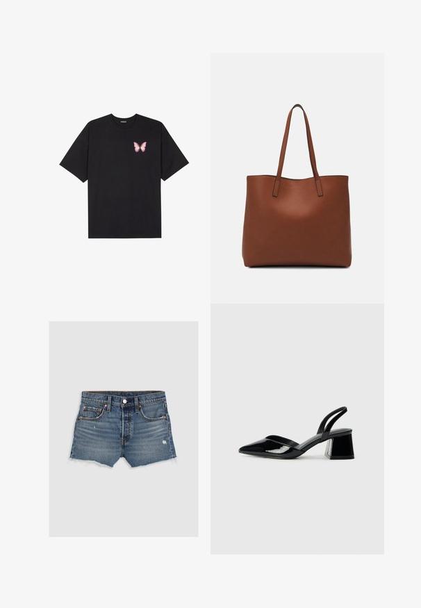 T-shirt de algodão preto com mangas curtas, apresentando um pequeno gráfico de borboleta rosa no lado esquerdo do peito. Design de gola redonda com um corte solto.; Calções de ganga em azul desbotado. Apresentam quatro bolsos, bainha desfiada e rebites de cobre. Textura suave com detalhes ligeiramente desgastados.; Sandy em verniz preto com salto slingback, ponta afilada e salto geométrico. Apresenta um design elegante e minimalista com textura suave.; Bolsa tote de couro castanho com uma textura suave, design de abertura superior e duas alças para o ombro. Apresenta costura mínima e sem hardware visível.