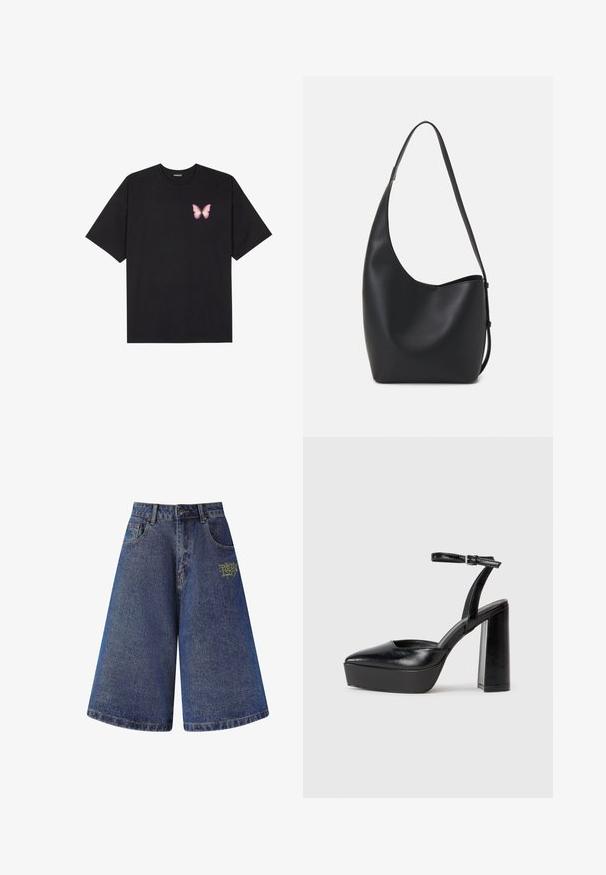 Musta puuvillapaita lyhyillä hihoilla, jossa on pieni vaaleanpunainen perhosgrafiikka vasemmassa rinnassa. Pyöreä kaula-aukko ja rento istuvuus.; Farkkushortsit, joissa on leveä ja löysä muotoilu tummansinisessä värissä. Edessä on keltainen brodeerattu logo ja viisi taskua. Raakahelma.; Mustat korkeat platform-kengät, joissa on terävä kärki ja säädettävä nilkkaremmi. Valmistettu sileästä nahasta ja varustettu paksulla lohkokorkeudella.; Musta nahkainen hobo-laukku, jossa on sileä pinta, kaareva muoto ja yksi säädettävä olkahihna; sisäänkäynti on leveä ylhäältä.