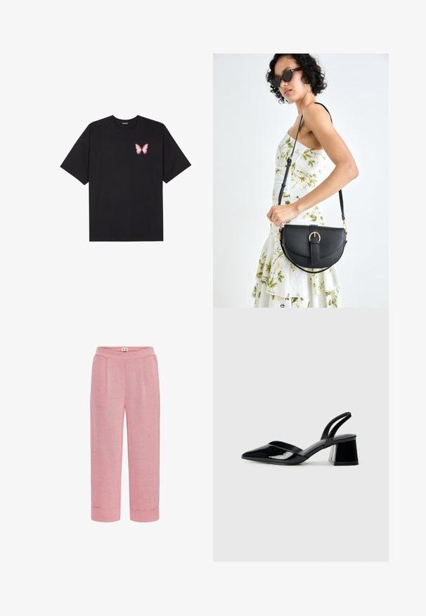 Crna pamučna majica s kratkim rukavima, s malim grafičkim prikazom ružičaste vjetricaste s desne strane na prsima. Dizajn s okruglim izrezom i opuštenim krojem.; Ružičaste hlače od tkanine s opuštenim krojem, s prednjim nabranim detaljima i pogošeni rubovima. Elastična gumica u struku za dodatnu udobnost.; Crne lakirane kožne sandale s otvorenom petom i špicastim vrhom, s geometrijskom blok petom. Imaju elegantan, minimalistički dizajn i glatku teksturu.; Crna kožna torba s lukovitim oblikom, odvojivim remenom i zlatnim detaljima. Torba ima preklop s kopčom.