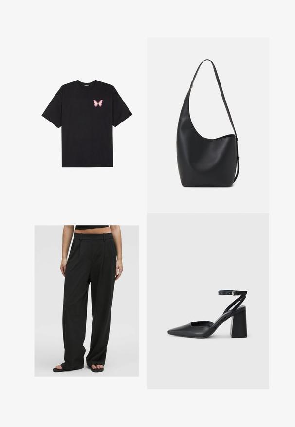 Fekete pamut póló rövid ujjakkal, bal mellkason egy kis rózsaszín pillangó grafikával. Kerek nyakú kialakítás, laza fazonnal.; Fekete, bő szárú nadrág sima textúrával, magas derékkal, elülső pliszékkel és övhurkokkal, szabott dizájnnal és látható minták nélkül.; Fekete bőr, hegyes orrú magassarkú cipő boka pánttal és vastag sarokkal. Sima textúra, elegáns dizájn és minimális esztétika.; Fekete bőr hobo táska sima textúrával, ívelt formával és egyetlen állítható pánttal; széles nyílás található a tetején.