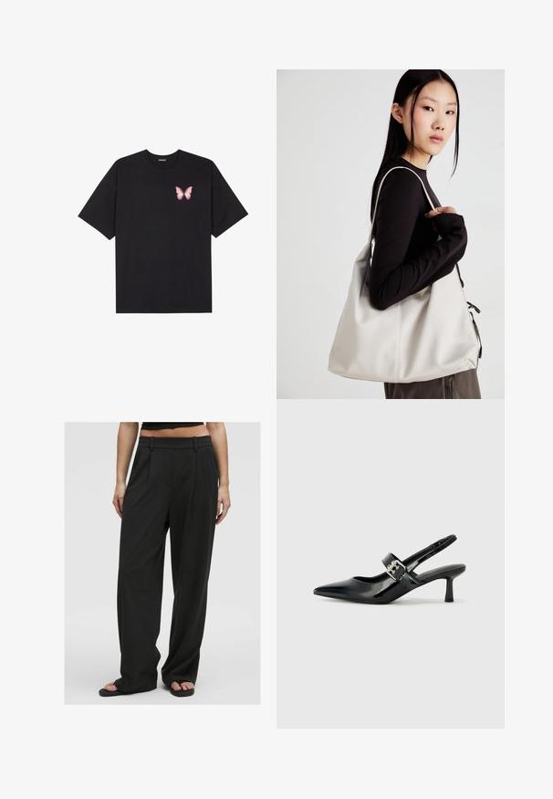 Juodas medvilnės marškinėliai trumpomis rankovėmis, su maža rožine drugelio grafika kairėje krūtinės pusėje. Apvalus kaklo iškirpimas, laisvas kirpimas.; Juodos plačios kelnės su lygiu paviršiumi, aukštu liemeniu, priekinėmis klostėmis ir diržo kilpomis, pasižyminčios pritaikytu dizainu ir be matomų raštų.; Juodai lakuoti slingback aukštakulniai su smailiu kojų pirštu ir mažais blokiniais kulniukais, su sidabro sagtimi ant dirželio.; Bežinė rankinė, pagaminta iš minkštos medžiagos, turinti laisvą dizainą, siuvinėtas detalės ir dvi petnešos. Tinkama kasdieniam naudojimui.