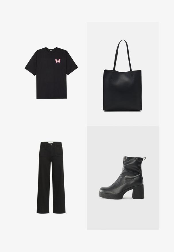 Sort bomulds T-shirt med korte ærmer, prydet med en lille pink sommerfugl grafik på venstre bryst. Rund hals design med en afslappet pasform.; Kaffe KABROOK HW REG FIT - Flared jeans - black deep; Sorte ankelstøvler lavet af glat læder, med en sidelukning, kraftig struktureret hæl og rundt tådesign.; Sort læder tote taske med glat tekstur, rektangulær form og to lange hanke. Ingen synlig hardware eller udsmykninger.