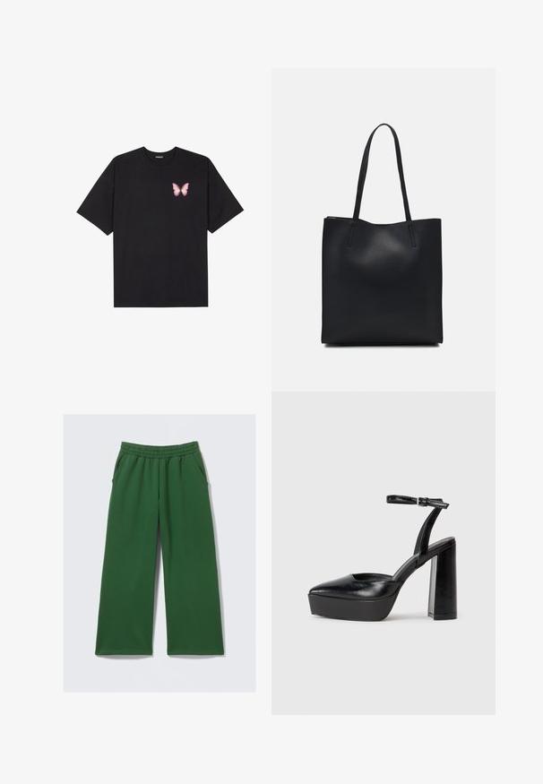Svart bomulls T-skjorte med korte ermer, med en liten rosa sommerfugl grafikk på venstre bryst. Crew-neck design med en avslappet passform.; Grønne vide bukser i mykt stoff, med elastisk midjebånd og sidelommer for praktisk bruk. Ingen synlige mønstre eller beslag.; Sorte plattformhelter med spiss tå og justerbar ankelrem. Laget av glatt lær, med en robust blokkhel.; Svart lær tote bag med glatt tekstur, rektangulær form og to lange håndtak. Ingen synlige deler eller dekorasjoner.