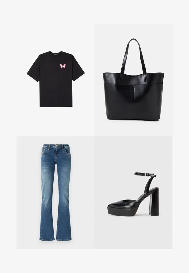 Black cotton t-shirt with short sleeves, featuring a small pink butterfly graphic on the left chest. Crew neck design with a relaxed fit.; Flared denim jeans in medium blue with contrasting stitching, five pockets, and a classic button and zipper closure.; Black platform heels with a pointed toe and adjustable ankle strap. Constructed from smooth leather, featuring a chunky block heel.; Black leather tote bag with two long handles, a smooth texture, and a structured shape. Features a front pocket for additional storage.