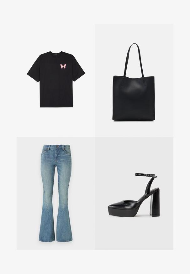 Black cotton t-shirt with short sleeves, featuring a small pink butterfly graphic on the left chest. Crew neck design with a relaxed fit.; Light blue flared jeans made from denim. Features a front button closure, five pockets, and subtle fading for texture.; Black platform heels with a pointed toe and adjustable ankle strap. Constructed from smooth leather, featuring a chunky block heel.; Black leather tote bag with smooth texture, rectangular shape, and two long handles. No visible hardware or embellishments.