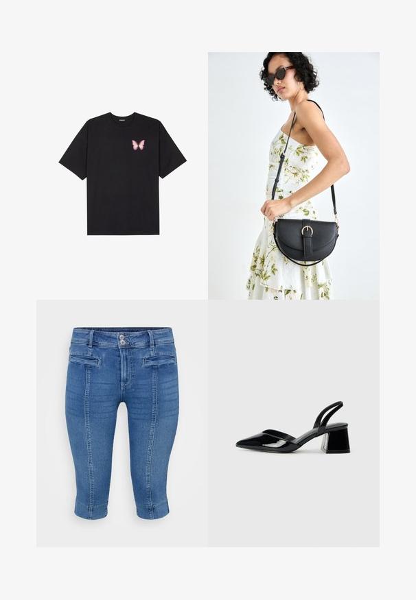 Čierne bavlnené tričko s krátkymi rukávmi, s malým ružovým motýlikom na ľavej hrudi. Design s okrúhlym výstrihom a uvoľneným strihom.; Modré denimové capri nohavice s priliehavým strihom, dvoma prednými vreckami a manžetou na leme. Tkanina má hladkú štruktúru so slabým vyblednutím.; Čierne lakované kožené sandálové podpätky s špicatou špičkou a geometrickým blokovým podpätkom. Disponujú elegantným, minimalistickým dizajnom a hladkým povrchom.; Čierna kožená kabelka s zaobleným tvarom, odnímateľným popruhom a zlatými doplnkami. Kabelka má klopu s detailom s prackou.