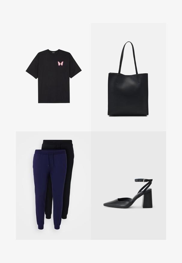 Camiseta de algodón negra de manga corta, con un pequeño gráfico de mariposa rosa en el lado izquierdo del pecho. Diseño de cuello redondo con un corte relajado.; Even&Odd Curvy 2 PACK - Pantalones deportivos - black/blue; Zapato de tacón puntiagudo de cuero negro con tira en el tobillo y tacón ancho. Textura plana, diseño elegante y estética minimalista.; Bolso tote de cuero negro con textura lisa, forma rectangular y dos asas largas. Sin herrajes ni adornos visibles.