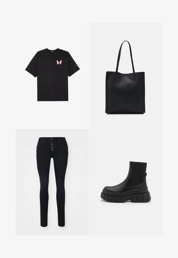 Črna bombažna majica s kratkimi rokavi, ki ima majhen roza metuljček na levi strani prsnega dela. Majica s krožnim ovratnikom in sproščenim krojem.; Črne ozke kavbojke z visokim pasom, zapiranje na pet gumbov in dvema sprednjima žepoma. Gladka denimska tekstura, brez vidnih vzorcev ali odtenkov.; Črne gležnjarje iz gladke usnje s elastikami na straneh, z masivnim podplatom in teksturiranim dizajnom podplata.; Črna usnjena torba s svilnato teksturo, pravokotne oblike in dvema dolgima ročajema. Brez vidnih metalnih delov ali okrasnih elementov.