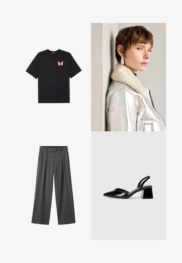 Schwarzes Baumwoll-T-Shirt mit kurzen Ärmeln, das ein kleines pinkes Schmetterlingsmotiv auf der linken Brust zeigt. Crewneck-Design mit einem entspannten Schnitt.; Grau karierte weite Hosen mit einem gefalteten Vorderteil, einem Bund und einem strukturierten Stoff mit einem dezenten Karomuster.; Schwarze Lackleder-Slingback-High Heels mit spitzem Schuh und einem geometrischen Blockabsatz. Verfügt über ein schlankes, minimalistisches Design und eine glatte Textur.; Silberne metallische Lederjacke mit Schaffellkragen, mit Reißverschluss und strukturiertem Oberflächen. Große Tropfenohrringe mit klaren Edelsteinen.