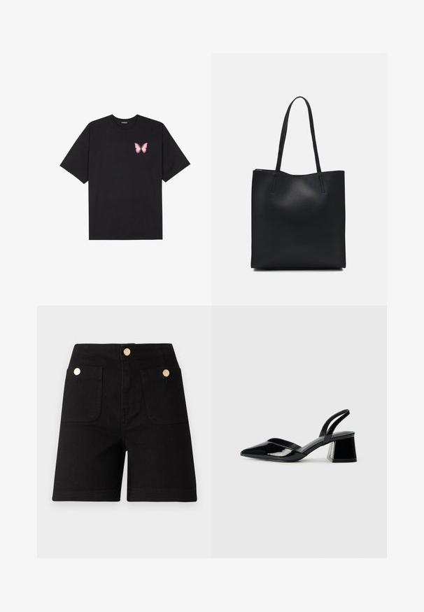 Μαύρο βαμβακερό μπλουζάκι με κοντά μανίκια, διαθέτοντας ένα μικρό ροζ γραφικό πεταλούδας στο αριστερό στήθος. Σχέδιο με στρογγυλή λαιμόκοψη και άνετη εφαρμογή.; Μαύρες τζιν σορτς με ψηλή μέση, διαθέτοντας δύο μπροστινές τσέπες και χρυσές μεταλλικές κουμπώσεις για κλείσιμο και διακοσμητικά στοιχεία. Λείος υφασμάτινος καμβάς.; Μαύρα πατεντέ δερμάτινα γοβάκια slingback με μυτερή μύτη και γεωμετρικό τακούνι. Έχουν κομψό, μινιμαλιστικό σχέδιο και λεία υφή.; Μαύρη δερμάτινη τσάντα tote με λείο υφή, ορθογώνιο σχήμα και δύο μακριές λαβές. Χωρίς ορατό υλικό ή διακοσμητικά στοιχεία.