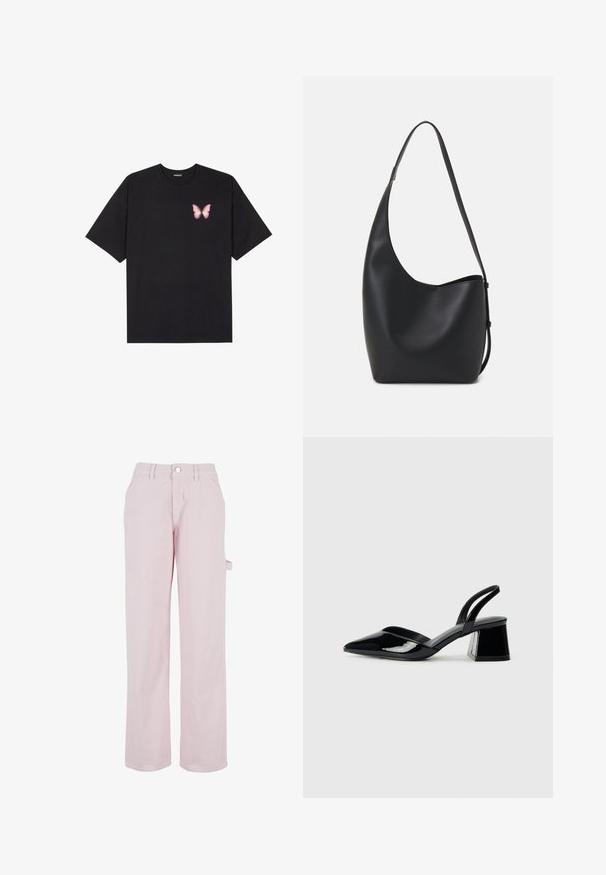 Black cotton t-shirt with short sleeves, featuring a small pink butterfly graphic on the left chest. Crew neck design with a relaxed fit.; Light pink cotton trousers with a straight cut, featuring a button closure and side cargo pocket. Smooth texture and minimal design details.; Black patent leather slingback heels with a pointed toe and a geometric block heel. Features a sleek, minimal design and smooth texture.; Black leather hobo bag with a smooth texture, curved shape, and single adjustable strap; features a wide opening at the top.