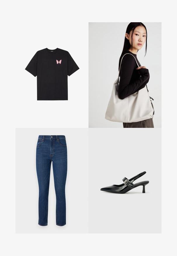 Juodas medvilnės marškinėliai trumpomis rankovėmis, su maža rožine drugelio grafika kairėje krūtinės pusėje. Apvalus kaklo iškirpimas, laisvas kirpimas.; Tamsiai mėlyni džinsai, pagaminti iš džinsinio audinio, su tiesiomis kojomis, standartiniu penkių kišenių dizainu ir siuvinėjimo akcentais prie kišenių.; Juodai lakuoti slingback aukštakulniai su smailiu kojų pirštu ir mažais blokiniais kulniukais, su sidabro sagtimi ant dirželio.; Bežinė rankinė, pagaminta iš minkštos medžiagos, turinti laisvą dizainą, siuvinėtas detalės ir dvi petnešos. Tinkama kasdieniam naudojimui.