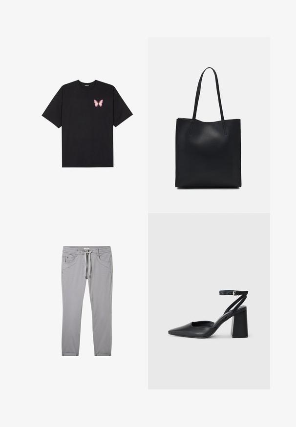 Tricou negru din bumbac cu mâneci scurte, având pe partea stângă a pieptului un mic grafic cu un fluture roz. Design cu guler rotund și croială lejeră.; Pantaloni gri made dintr-un material moale, cu talie ajustabilă, patru buzunare și un croi slim, cu detalii de cusătură subtile.; Pantofii cu toc ascuțit din piele neagră, cu breteaua pentru glezne și toc gros. Textură netedă, design elegant și estetică minimală.; Geantă tote neagră din piele, cu textură netedă, formă rectangulară și două mânere lungi. Fără hardware vizibil sau ornamente.