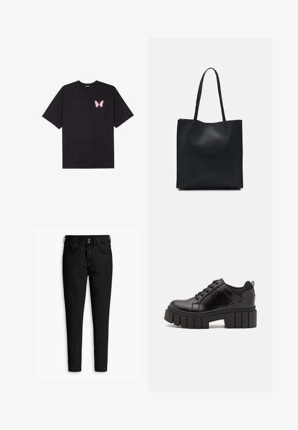 Černé bavlněné tričko s krátkým rukávem, na levém prsou s malou grafikou růžové motýlky. Design s kruhovým výstřihem a volným střihem.; Černé džínové kalhoty s úzkým střihem, vybavené dvěma předními kapsami, zapínáním na knoflík a hladkým povrchem. Klasický design bez zdobení.; Černé kožené platformové boty s masivním blokovým podpatkem, kulatou špičkou a tradičním šněrováním. Mají hladký povrch a minimální detaily.; Černá kožená taška přes rameno s hladkým povrchem, obdélníkovým tvarem a dvěma dlouhými uchy. Žádné viditelné kování ani ozdoby.