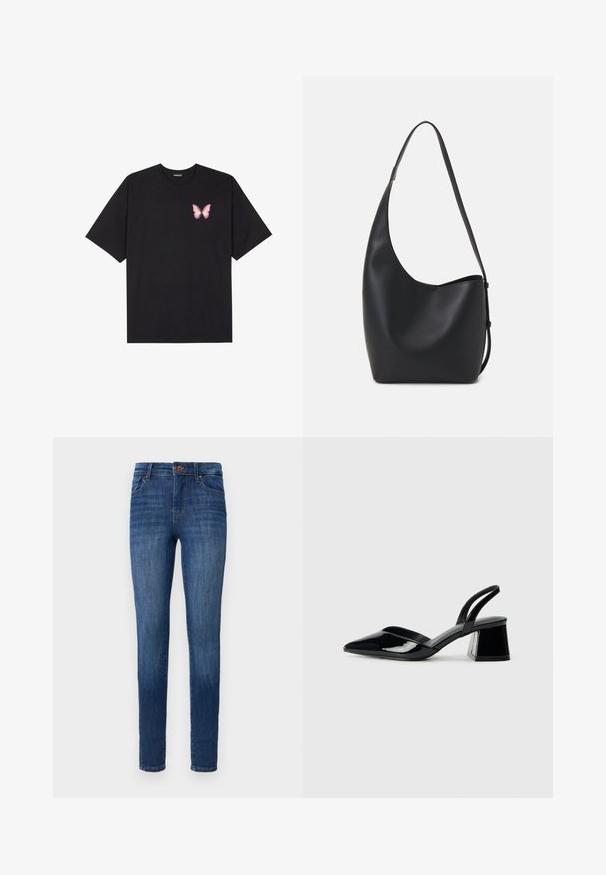 Black cotton t-shirt with short sleeves, featuring a small pink butterfly graphic on the left chest. Crew neck design with a relaxed fit.; Slim-fit blue denim jeans with classic five-pocket design and button closure, shown against a white background.; Black patent leather slingback heels with a pointed toe and a geometric block heel. Features a sleek, minimal design and smooth texture.; Black leather hobo bag with a smooth texture, curved shape, and single adjustable strap; features a wide opening at the top.