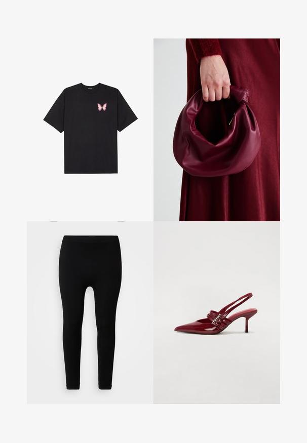Black cotton t-shirt with short sleeves, featuring a small pink butterfly graphic on the left chest. Crew neck design with a relaxed fit.; Black ribbed leggings with a high waistband, smooth texture, and an ankle-length cut, designed for a fitted silhouette.; Red patent leather slingback heels with a pointed toe, two buckle straps, and a slim, mid-height stiletto heel. Smooth texture.; Burgundy leather handbag with a soft, gathered design and a rounded shape. The handle is secured, showcasing a smooth texture.