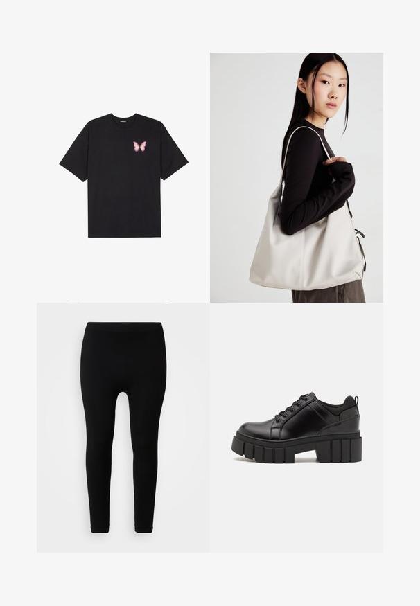 T-shirt en coton noir à manches courtes, avec un petit graphique de papillon rose sur la poitrine gauche. Modèle à col rond avec une coupe décontractée.; Leggings noirs à côtes avec une taille haute, texture lisse et coupe cheville, conçus pour une silhouette ajustée.; Chaussures à plateforme en cuir noir avec un talon bloc épais, bout rond et un design traditionnel à lacets. Elles présentent une texture lisse et un détail minimal.; Sac à main beige en matériau souple, avec un design décontracté, des détails cousus et deux poignées. Idéal pour un usage quotidien.