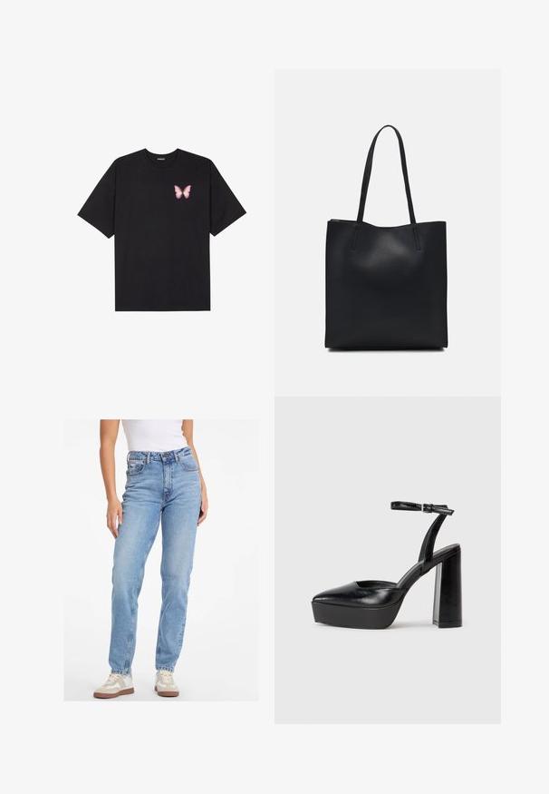 Camiseta de algodón negra de manga corta, con un pequeño gráfico de mariposa rosa en el lado izquierdo del pecho. Diseño de cuello redondo con un corte relajado.; Vaqueros de tiro alto en azul claro, hechos de denim, con un diseño de pierna recta, estilo clásico de cinco bolsillos y cierre de botón.; Zapatos de tacón negro con punta afilada y correa ajustable en el tobillo. Confeccionados en cuero suave, presentan un tacón grueso.; Bolso tote de cuero negro con textura lisa, forma rectangular y dos asas largas. Sin herrajes ni adornos visibles.