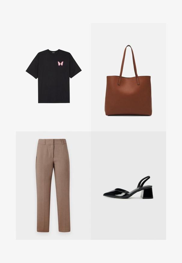 Schwarzes Baumwoll-T-Shirt mit kurzen Ärmeln, das ein kleines pinkes Schmetterlingsmotiv auf der linken Brust zeigt. Crewneck-Design mit einem entspannten Schnitt.; Hellbraune maßgeschneiderte Hosen mit glatter Textur, flachem Bund, Seitentaschen und geradem Bein. Der Stoff hat ein dezentes Muster.; Schwarze Lackleder-Slingback-High Heels mit spitzem Schuh und einem geometrischen Blockabsatz. Verfügt über ein schlankes, minimalistisches Design und eine glatte Textur.; Braune Leder-Tote mit glatter Textur, offenem Oberteil und zwei Schulterriemen. Verfügt über minimale Nähte und keine sichtbaren Beschläge.