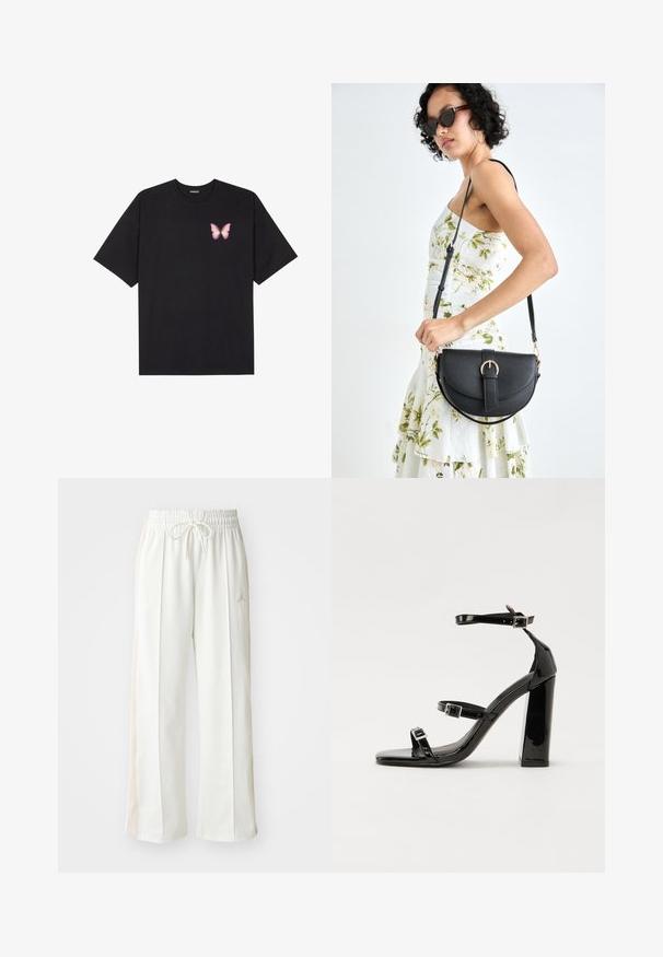 Camiseta de algodón negra de manga corta, con un pequeño gráfico de mariposa rosa en el lado izquierdo del pecho. Diseño de cuello redondo con un corte relajado.; Pantalones de chándal blancos de pierna ancha con cinturilla elástica y cordón, con un sutil panel lateral beige y detalle de logotipo en relieve.; Sandalias de tacón de charol negro con punta cuadrada, correas en el tobillo y hebillas plateadas. Presentan un tacón grueso para mayor estabilidad.; Bolso de piel negra con forma curva, correa desmontable y herrajes dorados. El bolso cuenta con una solapa con un detalle de hebilla.
