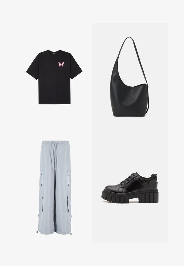 Musta puuvillapaita lyhyillä hihoilla, jossa on pieni vaaleanpunainen perhosgrafiikka vasemmassa rinnassa. Pyöreä kaula-aukko ja rento istuvuus.; Vaaleanharmaat cargo-housut, joissa on joustava vyötärö, nyöri suljenta, sivutaskut ja säädettävät lahkeet. Valmistettu pehmeästä, kevyestä kankaasta.; Mustat nahkakengät, joissa on lättihenkinen korko, pyöreä kärki ja perinteinen nauhakiinnitys. Ominaisuuksiin kuuluu sileä pintakuvio ja minimaalinen yksityiskohtaisuus.; Musta nahkainen hobo-laukku, jossa on sileä pinta, kaareva muoto ja yksi säädettävä olkahihna; sisäänkäynti on leveä ylhäältä.