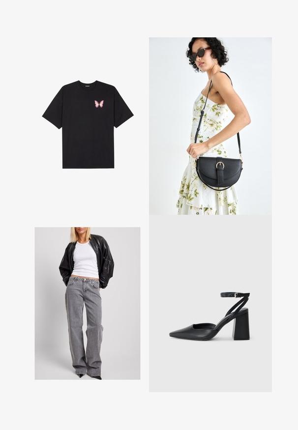 Čierne bavlnené tričko s krátkymi rukávmi, s malým ružovým motýlikom na ľavej hrudi. Design s okrúhlym výstrihom a uvoľneným strihom.; Čierna kožená bomberská bunda, biely rebrovaný tielko a šedé rifľové jeansy s vysokým pásom, vo voľnom strihu, s diskrétnym šitím a vreckami na akcent.; Čierne kožené lodičky s špicatou špičkou a členkovým remienkom, s masívnym podpätkom. Hladký povrch, elegantný dizajn a minimalistická estetika.; Čierna kožená kabelka s zaobleným tvarom, odnímateľným popruhom a zlatými doplnkami. Kabelka má klopu s detailom s prackou.