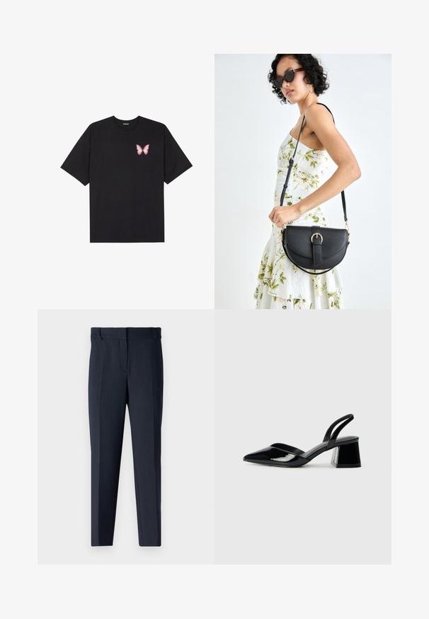 T-shirt en coton noir à manches courtes, avec un petit graphique de papillon rose sur la poitrine gauche. Modèle à col rond avec une coupe décontractée.; Pantalon de costume bleu marine avec une texture lisse, une coupe ajustée, un devant plat et des jambes droites. Comprend des passants de ceinture et pas de poches visibles.; Escarpins en cuir verni noir avec bout pointu et talon bloc géométrique. Présente un design élégant et minimaliste ainsi qu'une texture lisse.; Sac à main en cuir noir avec une forme courbée, bandoulière amovible et des accessoires en or. Le sac est doté d'un rabat avec un détail de boucle.