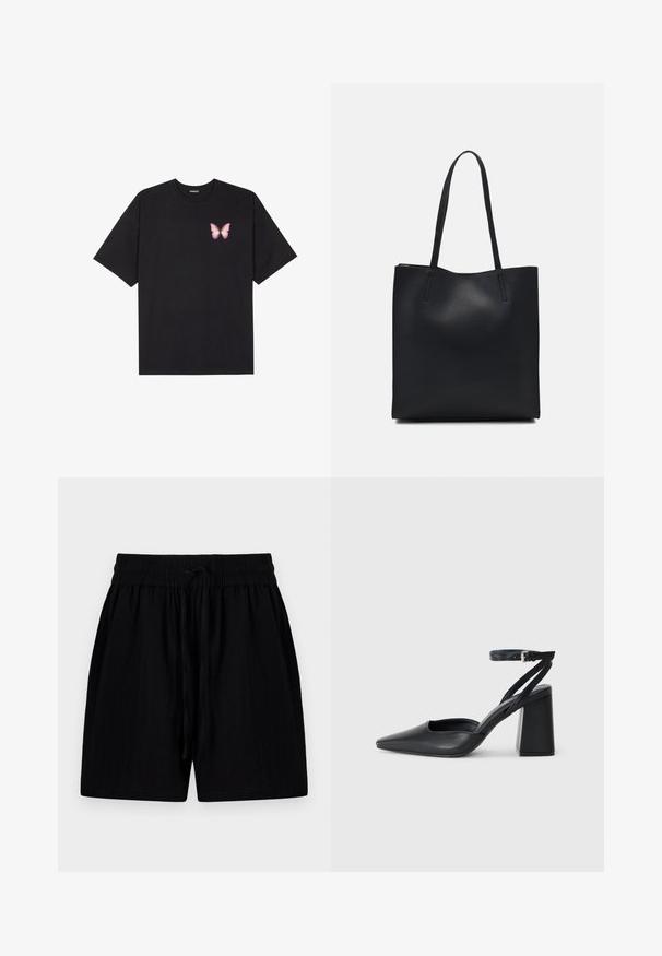 Sort bomulds T-shirt med korte ærmer, prydet med en lille pink sommerfugl grafik på venstre bryst. Rund hals design med en afslappet pasform.; Sorte shorts lavet af letvægtsstof med en justerbar talje, der har sidelommer og en tekstureret overflade.; Sort læder spidse pumps med ankelrem og en chunky hæl. Flad tekstur, slankt design og minimalistisk æstetik.; Sort læder tote taske med glat tekstur, rektangulær form og to lange hanke. Ingen synlig hardware eller udsmykninger.