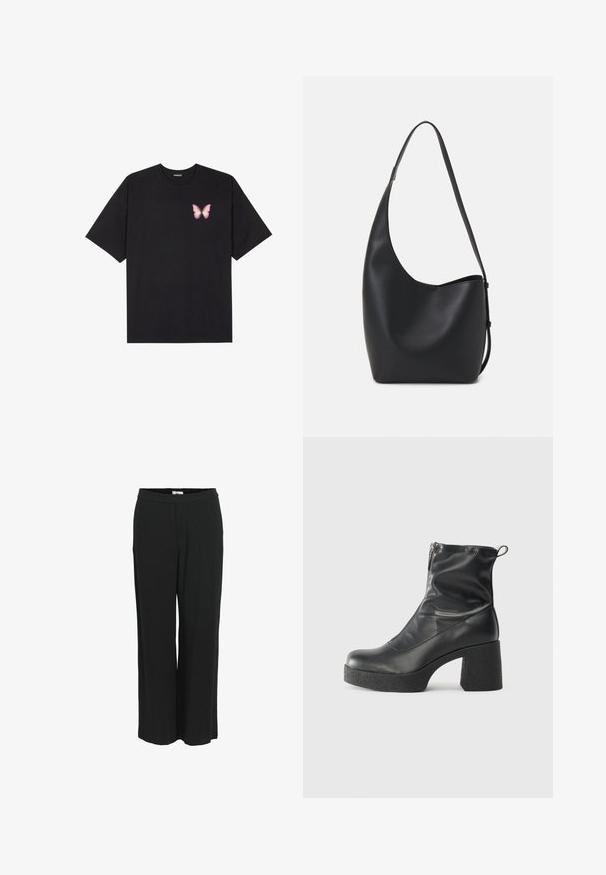 Must muströöpidega must puuvillane T-särk, vasakul rinnal on väike roosa liblikas. Ümar kaelus ja vabalt istuv lõige.; Laiad mustad püksid kergest kangast. Omavad elastset vööd ja siledat tekstuuri. Ilma taskuteta ja nähtavate mustriteta.; Mustad mustad ansapüksid, mis on valmistatud siledast nahast, külje zipperiga, paksu tekstuuriga kontsaga ja ümmarguse nina disainiga.; Mustast nahast hobo kott, millel on sile tekstuur, kumer kuju ja üks reguleeritav rihm; peal on lai avaus.