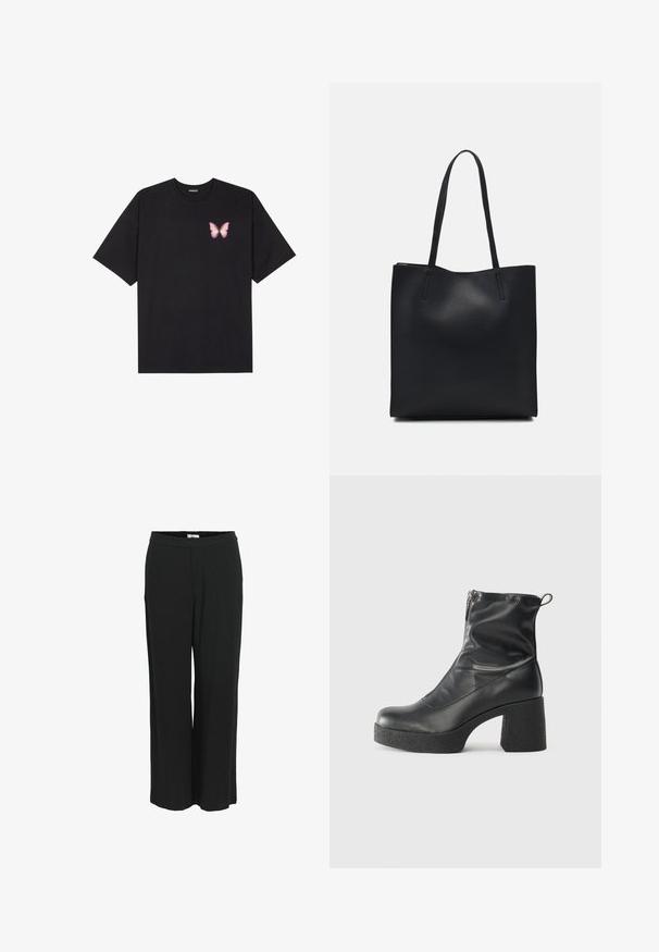 Musta puuvillapaita lyhyillä hihoilla, jossa on pieni vaaleanpunainen perhosgrafiikka vasemmassa rinnassa. Pyöreä kaula-aukko ja rento istuvuus.; Hameet leveät mustat housut, jotka on valmistettu kevyestä kankaasta. Vartalonmyötäinen joustava vyötärö ja sileä pinta. Ei taskuja tai näkyviä kuvioita.; Mustat nilkkurit, jotka on valmistettu sileästä nahasta. Niissä on sivuvetoketju, paksu teksturoitu korko ja pyöristetty kärki.; Mustapahkainen kangaskassi, jossa on sileä pinta, suorakaiteen muotoinen ja kaksi pitkää kahvaa. Ei näkyvää metalliosaa tai koristeita.