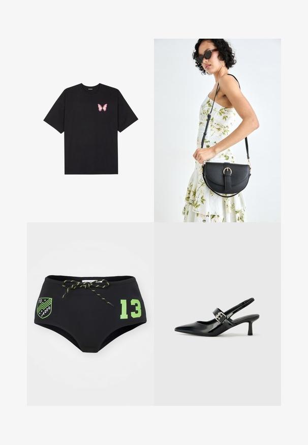 T-shirt de algodão preto com mangas curtas, apresentando um pequeno gráfico de borboleta rosa no lado esquerdo do peito. Design de gola redonda com um corte solto.; Maiô preto com um design de cintura alta, apresentando um logotipo e número "13" em neon verde, além de um cordão correspondente para ajustabilidade.; Saltos slingback em verniz preto com bico pontiagudo e um pequeno salto bloco, apresentando um detalhe de fivela prateada na tira.; Bolsa de couro preta com forma curva, alça destacável e detalhes em dourado. A bolsa possui uma aba com detalhe de fivela.