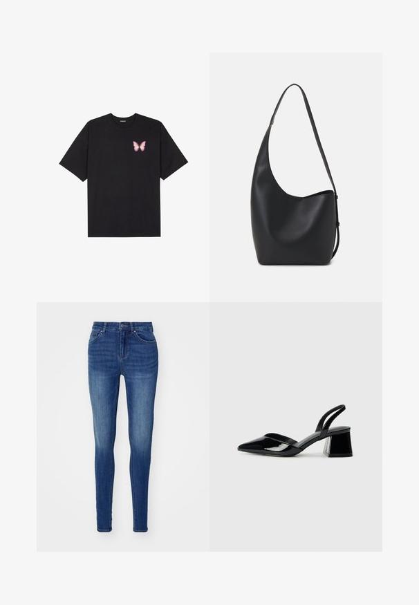 Melna kokvilnas T-krekls ar īsām piedurknēm, kuram priekšā kreisajā pusē ir neliels rozā tauriņa grafiskais attēls. Ar apaļu kaklu un brīvā stila piegriezumu.; Zili denimi skinny džinsi ar gludu tekstūru, piecu kabatu dizainu un pogu aizdari. Iezīmētas nokrāsotas zonas novecojušam izskatam.; Melna lakota āda ar atvērto papēdi, ar smailu purngalu un ģeometrisku blokpapēdi. Iezīmējas elegants, minimāls dizains un gluda tekstūra.; Melnas ādas hobo soma ar gludu tekstūru, izliekta forma un vienu regulējamu jostu; augšā ir plaša atvere.