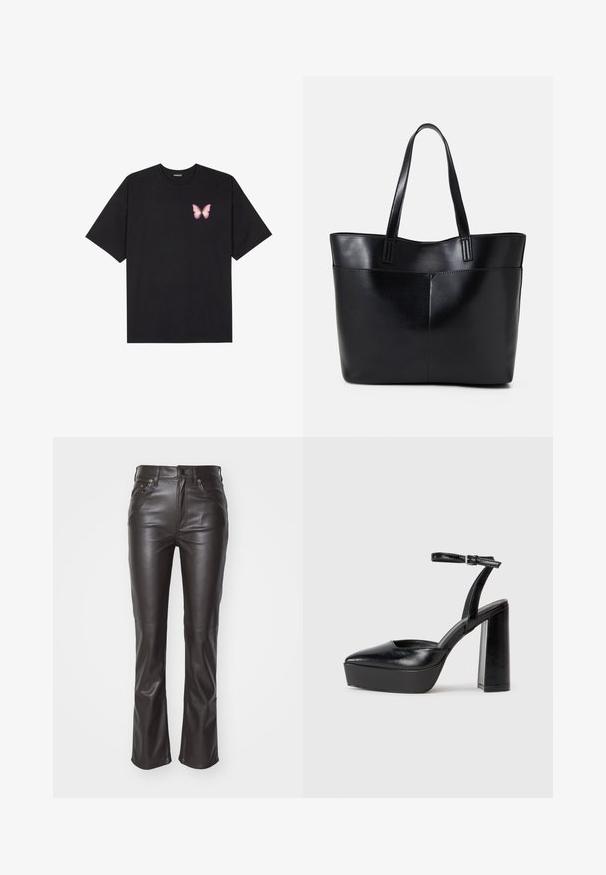 Svart bomulls T-skjorte med korte ermer, med en liten rosa sommerfugl grafikk på venstre bryst. Crew-neck design med en avslappet passform.; Sorte skinnbukser med slim fit, midjehøyde, frontlommer og subtile søm detaljer. Glanset tekstur og utsvingt kant.; Sorte plattformhelter med spiss tå og justerbar ankelrem. Laget av glatt lær, med en robust blokkhel.; Svart lær toteveske med to lange håndtak, en glatt tekstur og en strukturert form. Har en frontlomme for ekstra oppbevaring.