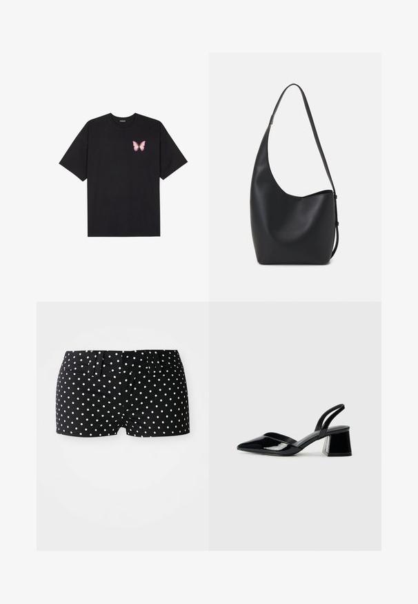 Musta puuvillapaita lyhyillä hihoilla, jossa on pieni vaaleanpunainen perhosgrafiikka vasemmassa rinnassa. Pyöreä kaula-aukko ja rento istuvuus.; Mustat shortsit, joissa on valkoisia pilkkuja, vyölenkit ja istuva vyötärö, tasaisella valkoisella taustalla.; Mustat patentoitu nahkakengät, joissa on säären takaosa ja terävä kärki, sekä geometrinen palikkakorko. Sisältää tyylikkään, minimalistisen muotoilun ja sileän pinnan.; Musta nahkainen hobo-laukku, jossa on sileä pinta, kaareva muoto ja yksi säädettävä olkahihna; sisäänkäynti on leveä ylhäältä.