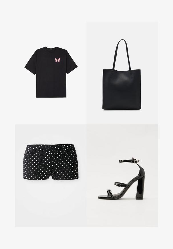 Crna pamučna majica s kratkim rukavima, s malim grafičkim prikazom ružičaste vjetricaste s desne strane na prsima. Dizajn s okruglim izrezom i opuštenim krojem.; Crne hlače s bijelim točkicama, s petljama za remen i pripijenim strukom na običnoj bijeloj pozadini.; Crne lakirane sandale na pete sa kvadratnim nosom, trakama oko gležnja i srebrnim kopčama. Imaju čvrst blok petu za stabilnost.; Crna kožna torba za nošenje s glatkom teksturom, pravokutnim oblikom i dvije duge ručke. Nema vidljivih metalnih dijelova ili ukrasa.