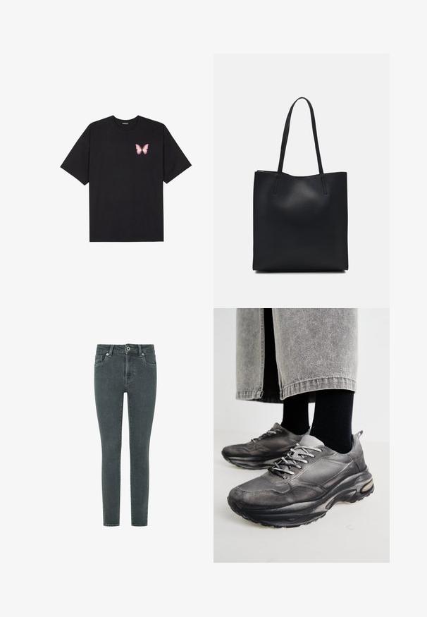 Svart bomulls T-skjorte med korte ermer, med en liten rosa sommerfugl grafikk på venstre bryst. Crew-neck design med en avslappet passform.; Tynne jeans i mørk grå denim med en jevn tekstur. Har en glidelås foran, knappelukking og tradisjonell fem-lomme stil.; Sorte og grå treningssko har en mesh-overdel, tykke såler og snøring. De har en rund tå og synlige dempe detaljer.; Svart lær tote bag med glatt tekstur, rektangulær form og to lange håndtak. Ingen synlige deler eller dekorasjoner.