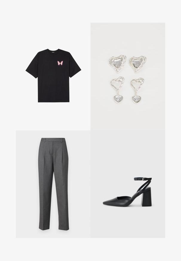 T-shirt en coton noir à manches courtes, avec un petit graphique de papillon rose sur la poitrine gauche. Modèle à col rond avec une coupe décontractée.; Pantalons gris ajustés présentant une texture lisse, une coupe droite et des plis à l'avant. Fabriqués en tissu léger avec un motif subtil.; Escarpin noir en cuir à bout pointu avec une bride de cheville et un talon épais. Texture lisse, design élégant et esthétique minimaliste.; Des boucles d'oreilles en argent en forme de cœur présentent des pierres claires facettées, avec un cadre texturé. L'ensemble comprend des styles à clou et des styles pendants.