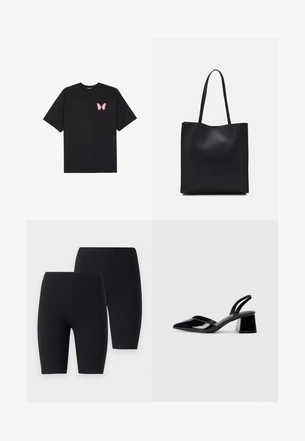 Melna kokvilnas T-krekls ar īsām piedurknēm, kuram priekšā kreisajā pusē ir neliels rozā tauriņa grafiskais attēls. Ar apaļu kaklu un brīvā stila piegriezumu.; Melni kokvilnas velosipēda šorti ar elastīgu jostasvietu, piedāvājot gludu tekstūru un līdz ceļiem garumu. Divi šortu pāri attēloti blakus.; Melna lakota āda ar atvērto papēdi, ar smailu purngalu un ģeometrisku blokpapēdi. Iezīmējas elegants, minimāls dizains un gluda tekstūra.; Melnas ādas somiņa ar gludu tekstūru, taisnstūra formu un divām garām rokturiem. Nav redzamu aparatūras vai rotājumu.