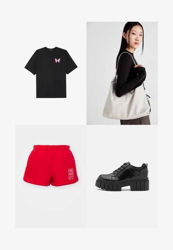 Melna kokvilnas T-krekls ar īsām piedurknēm, kuram priekšā kreisajā pusē ir neliels rozā tauriņa grafiskais attēls. Ar apaļu kaklu un brīvā stila piegriezumu.; Sarkanas sporta šorti, kas izgatavoti no mīkstas auduma, ar elastīgu jostasvietu un sānu kabatām. Uz kreisās kājas redzama balta logo plate.; Melnas ādas platformas kurpes ar masīvu bloku papēdi, apaļu purngalu un tradicionālu saistīšanas dizainu. Izceļas ar gludu tekstūru un minimālu apdari.; Bežs rokassoma, izgatavota no mīksta materiāla, ar brīvu dizainu, izšūtu apdari un divām plecu siksnām. Piemērota ikdienas lietošanai.