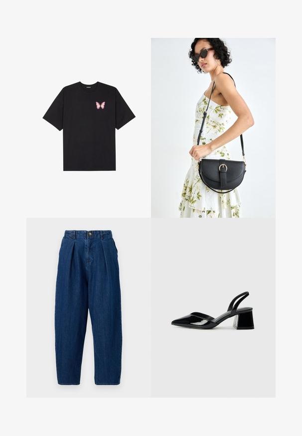Czarny bawełniany t-shirt z krótkim rękawem, z małym różowym motylkiem na lewej piersi. Klasyczny dekolt z luźnym fasonem.; Granatowe dżinsowe spodnie o luźnym kroju, z zakładkami z przodu, z zapięciem na guzik i zwężającymi się nogawkami.; Czarne lakierowane półbuty na obcasie z wydłużonym noskiem i geometrycznym słupkiem. Charakteryzują się eleganckim, minimalistycznym designem oraz gładką fakturą.; Czarna skórzana torebka o zakrzywionym kształcie, z odpinanym paskiem i złotymi akcentami. Torebka posiada klapę z zapięciem w kształcie klamry.