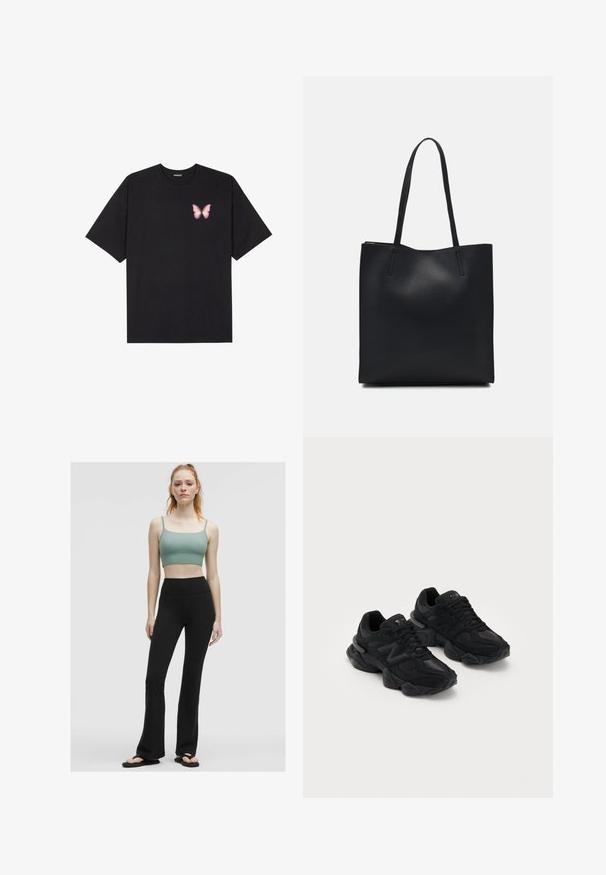 Tricou negru din bumbac cu mâneci scurte, având pe partea stângă a pieptului un mic grafic cu un fluture roz. Design cu guler rotund și croială lejeră.; Top verde cu dungi, scurt, cu bretele subțiri, asociat cu colanți negri evazați, cu talie înaltă și flip-flops negri pe un fundal neutru.; Pantofi sport negri cu un upper texturat, având un logo "N" proeminent, talpă cu amortizare și un siluetă modernă și elegantă.; Geantă tote neagră din piele, cu textură netedă, formă rectangulară și două mânere lungi. Fără hardware vizibil sau ornamente.
